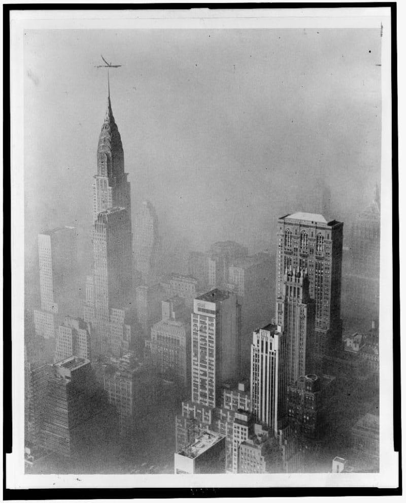 Smog obscures the view of the New York City skyline in 1953. (Library of Congress/World-Telegram photo by Walter Albertin)